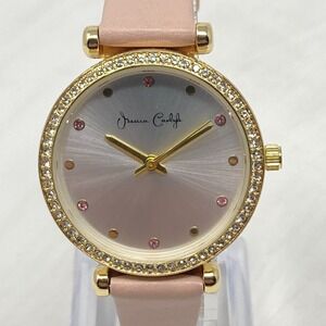 Jessica Carlyle Watch Women 34mm Gold Tone Pink Crystals Bling New Battery 8.25"